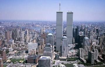 An iconic photo of the Twin Towers in the NYC Skyline